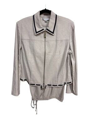 St John Sport Beige Zip-Front Women's Jacket w Contrast Trim & Pants Sz L/14 EUC